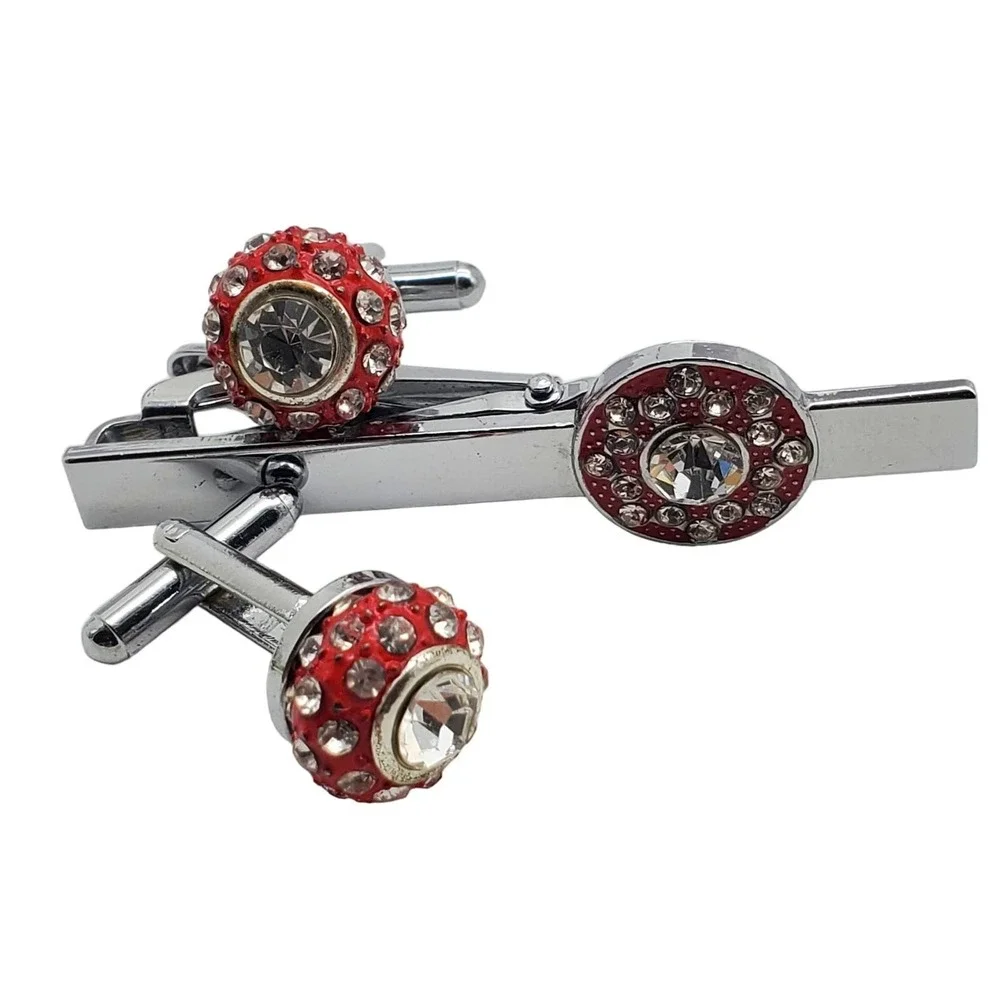 Red Enamel Cufflinks Tie Clip Clasp Rhiinestone Silver Tone Ball Suit Accessory